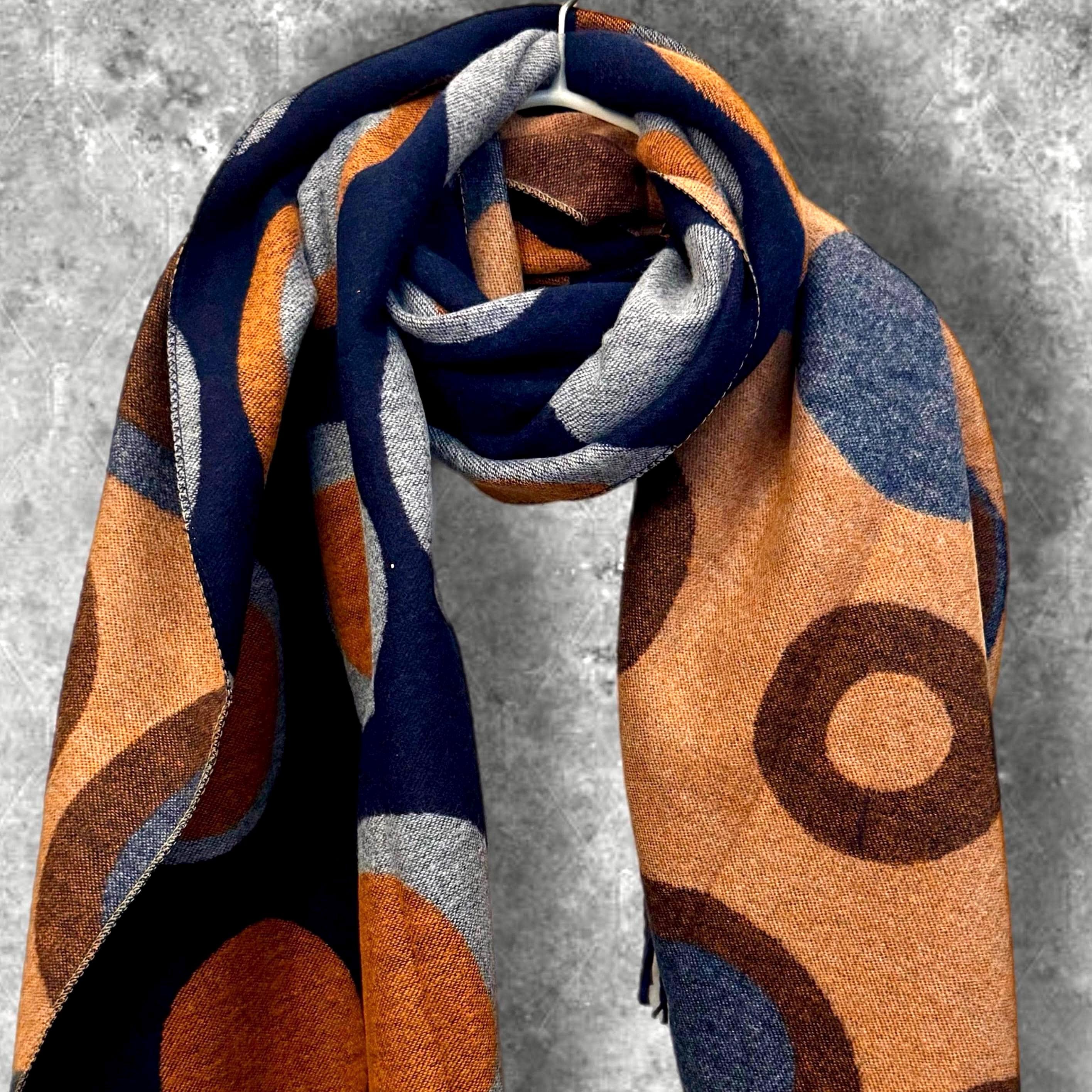 Elegant Blue and Brown Cashmere Blend Scarf with Circles