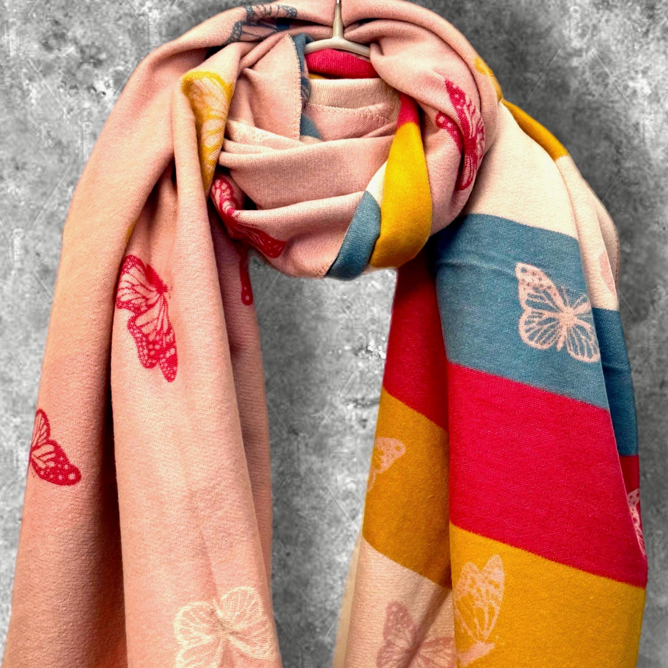 Reversible Cashmere Scarf with Bold Horizontal Stripes and Butterfly in Light Pink.