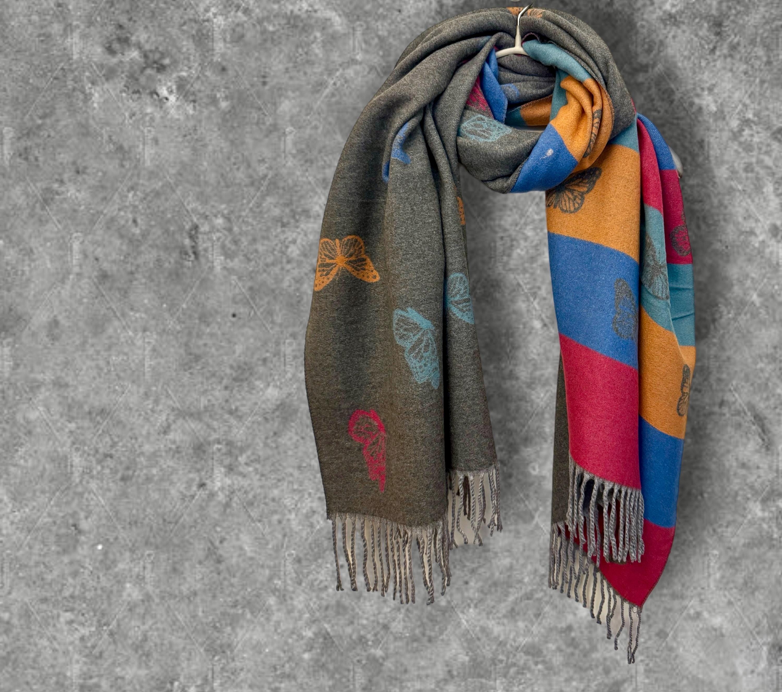 Reversible Grey Cashmere Scarf with Bold Stripes and Butterfly Design