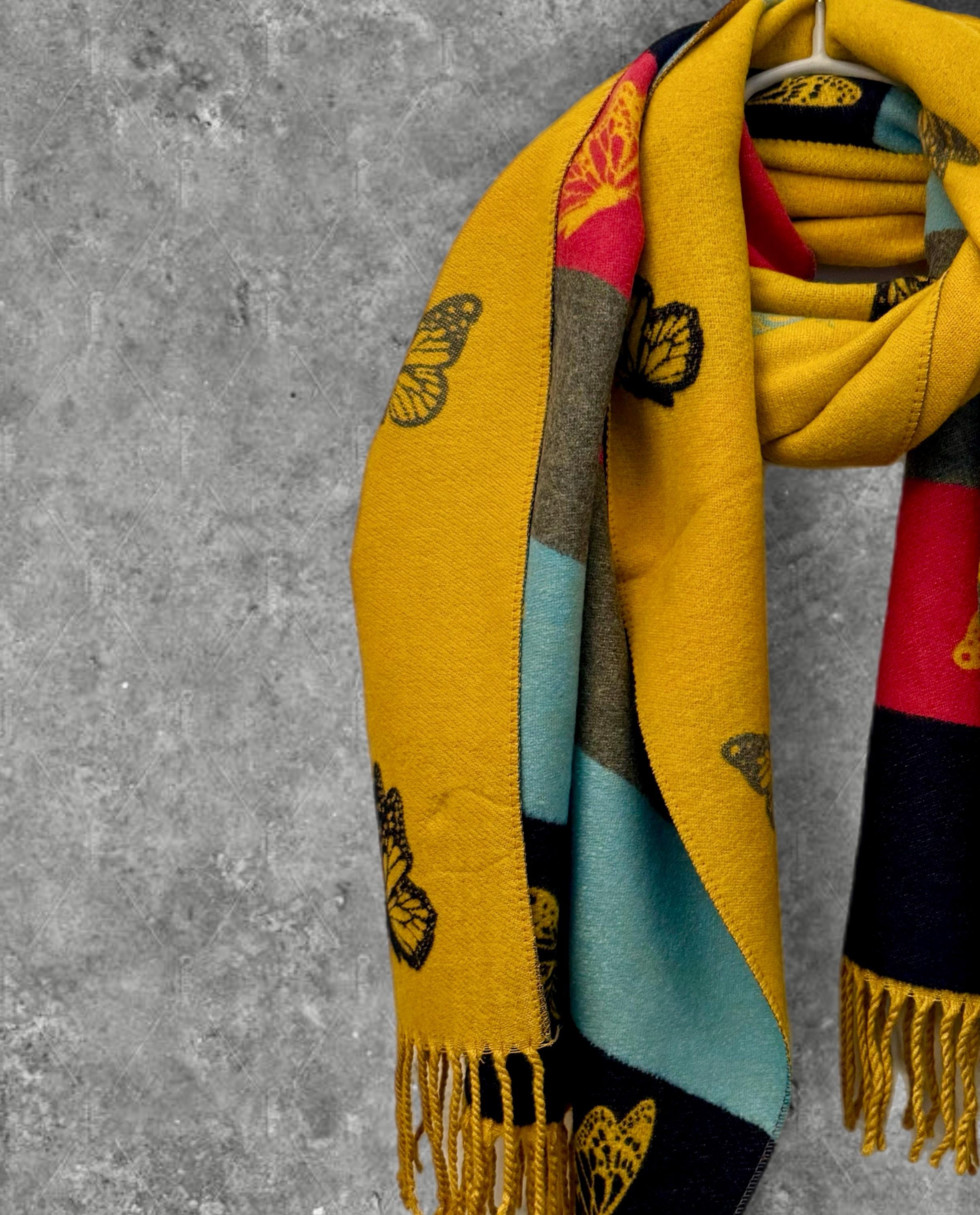 Reversible Cashmere Scarf with Horizontal Stripes and Butterfly Design in Mustard Yellow