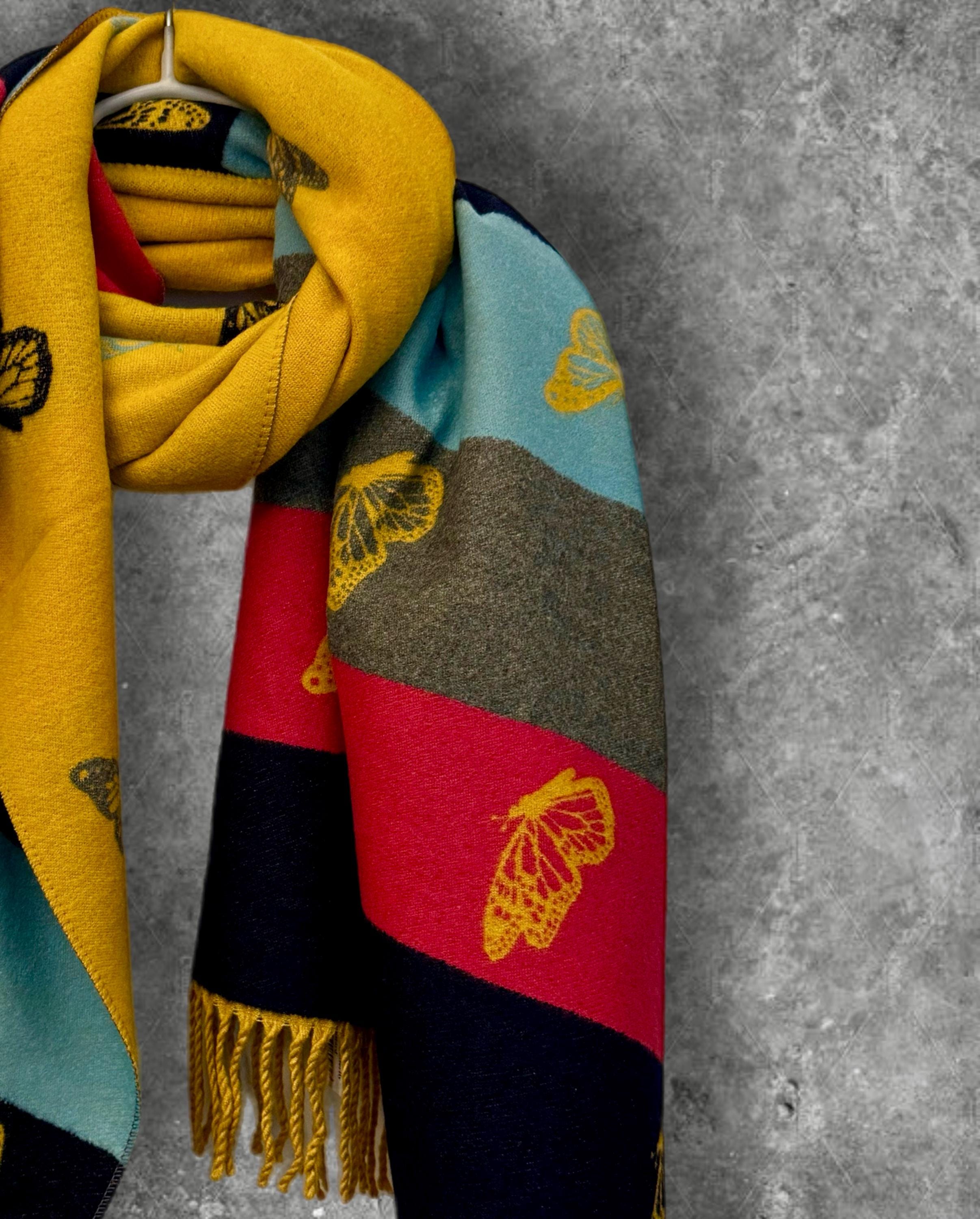Reversible Cashmere Scarf with Horizontal Stripes and Butterfly Design in Mustard Yellow