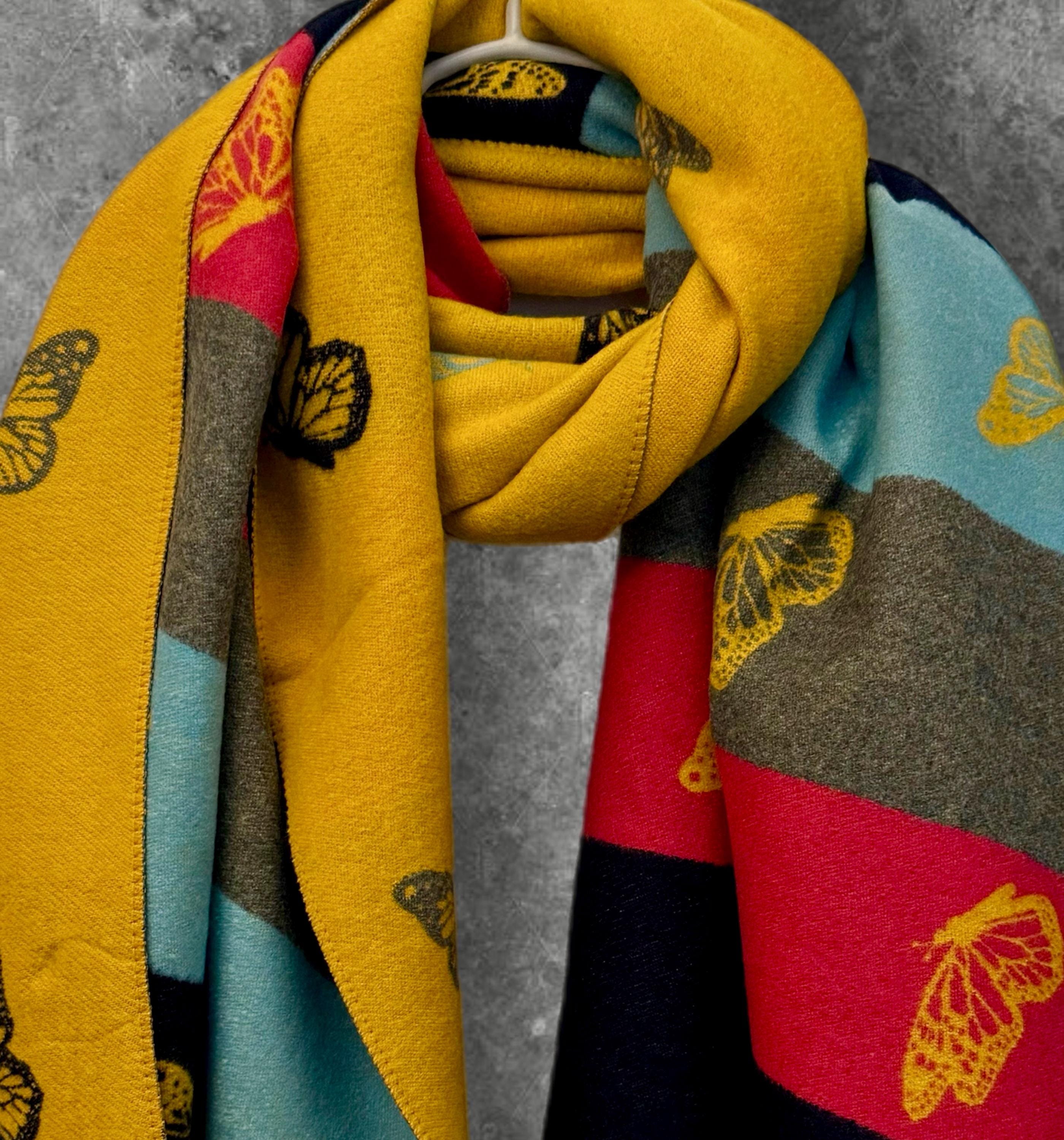 Reversible Cashmere Scarf with Horizontal Stripes and Butterfly Design in Mustard Yellow