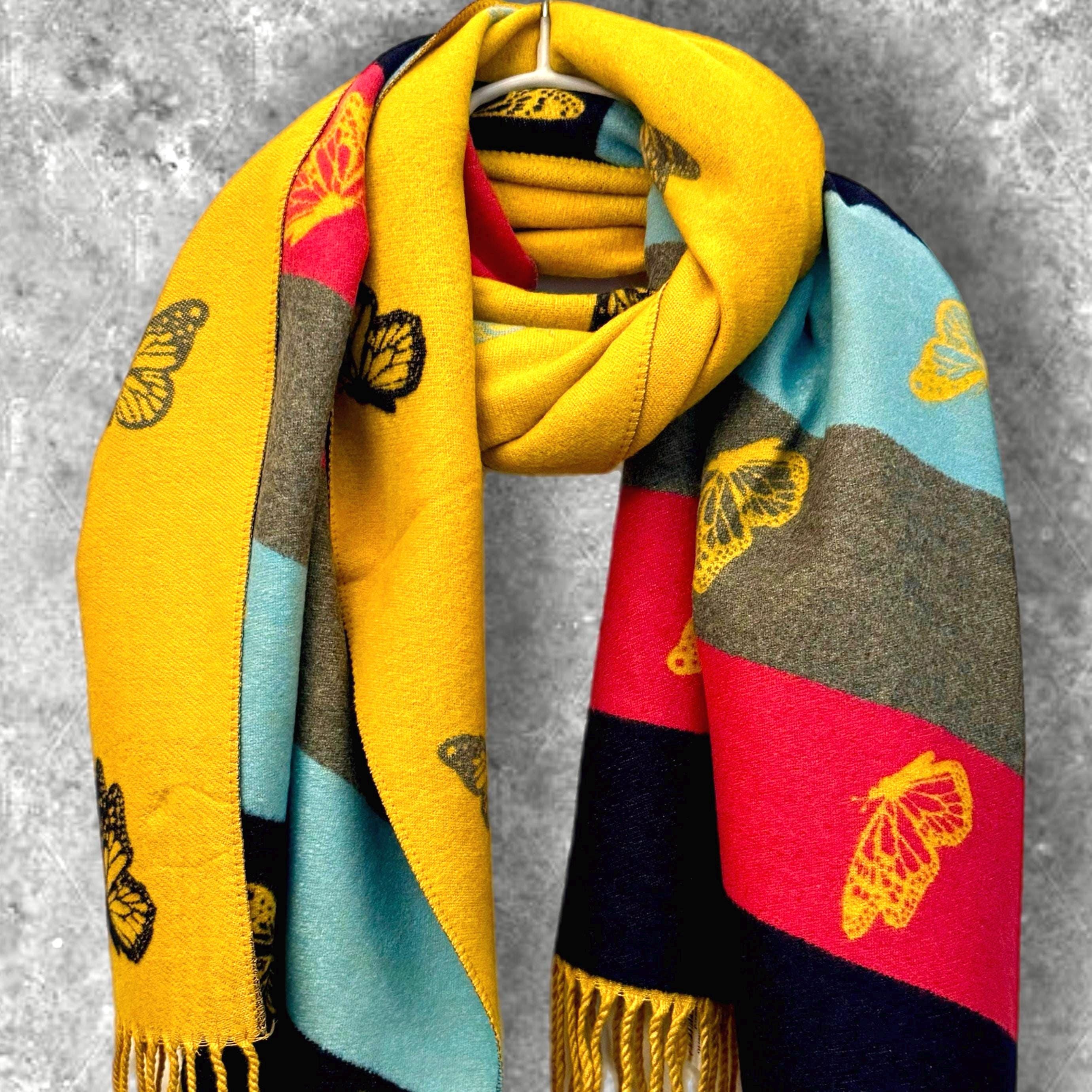Reversible Cashmere Scarf with Horizontal Stripes and Butterfly Design in Mustard Yellow