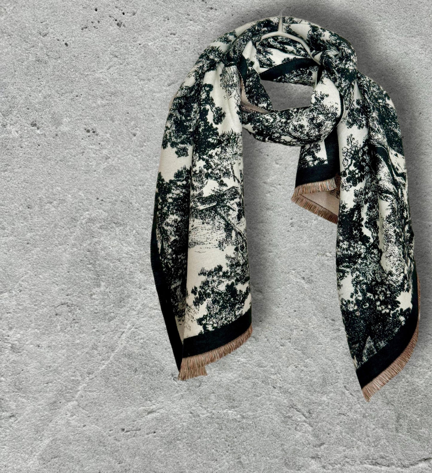 Reversible Vintage-Inspired Black/Pink Cashmere Scarf with Toile de Jouy Pattern,Perfect for Winter,Ideal Gift for Her Birthday or Christmas