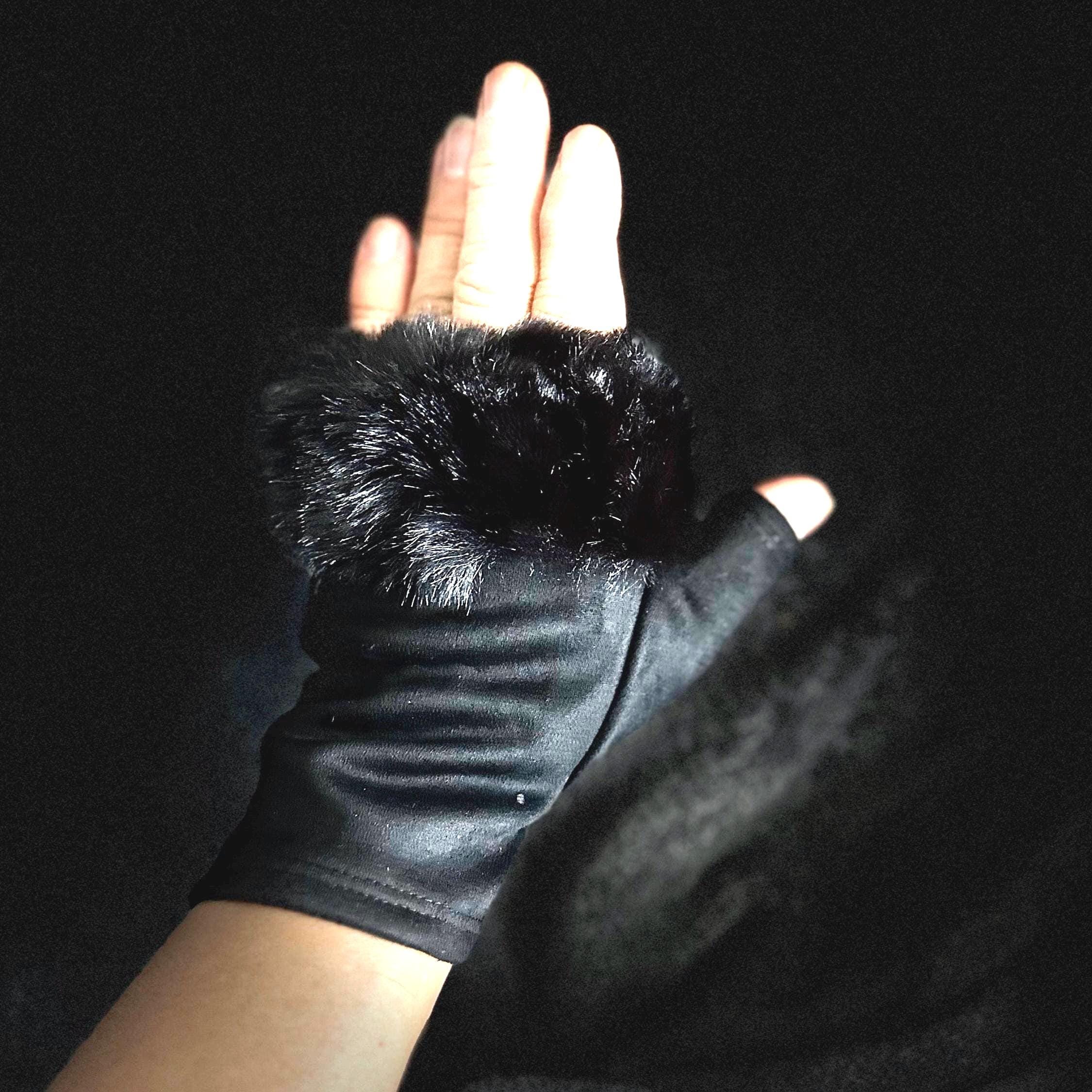 Black Faux Suede Fingerless Winter Gloves with Faux Fur details