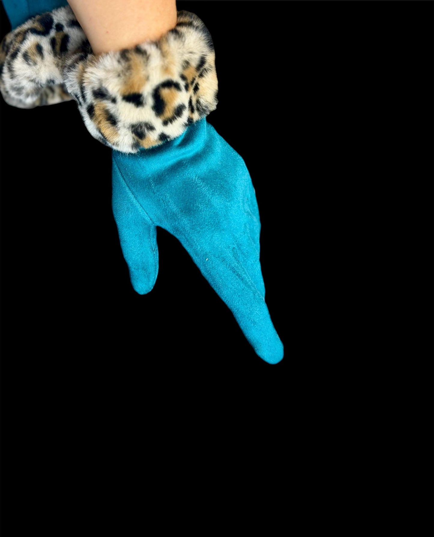 Bright Teal Blue Faux Suede Glove with Faux Leopard Fur,Ideal for chilly Winter,Great Gifts for Her Birthday,Moms,Wife or Christmas