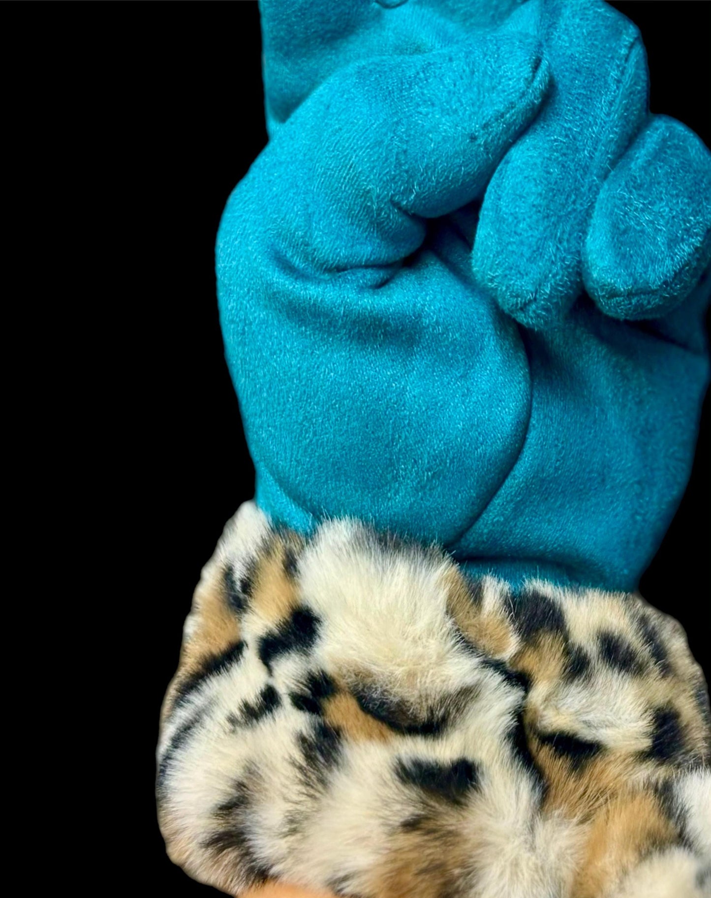 Bright Teal Blue Faux Suede Glove with Faux Leopard Fur,Ideal for chilly Winter,Great Gifts for Her Birthday,Moms,Wife or Christmas