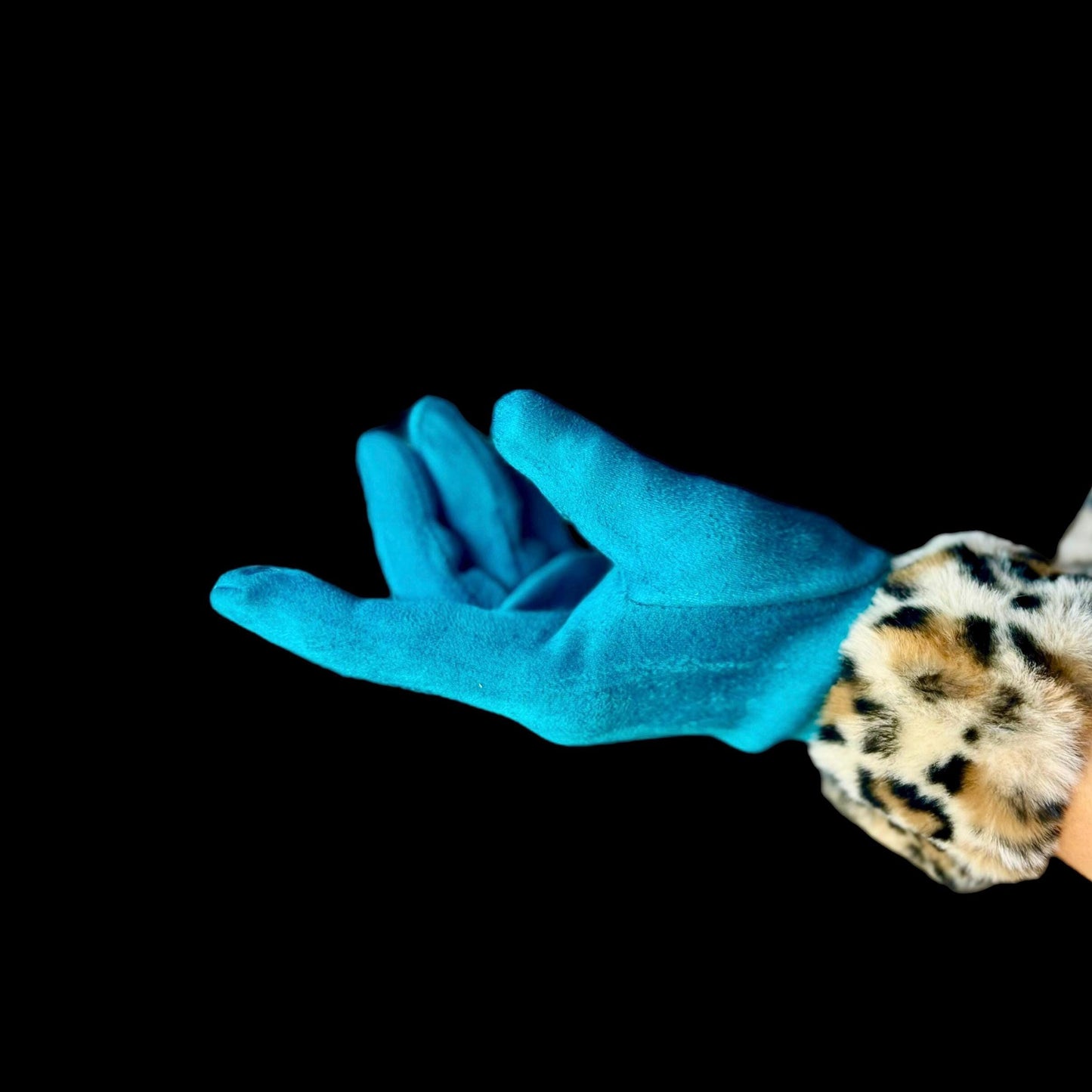 Bright Teal Blue Faux Suede Glove with Faux Leopard Fur,Ideal for chilly Winter,Great Gifts for Her Birthday,Moms,Wife or Christmas