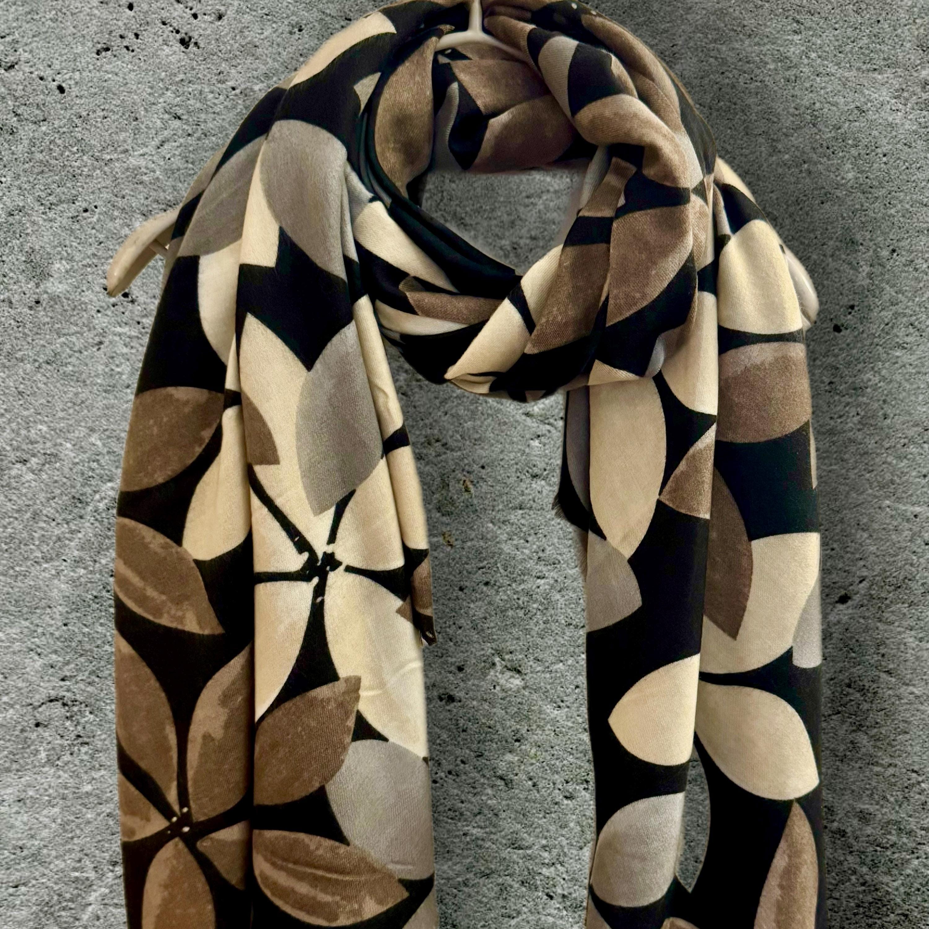 Beige Petals Pattern with Black Background Scarf for Women,All season Accessory,Great Gifts for Her,Mom,Wife,Birthday or Christmas