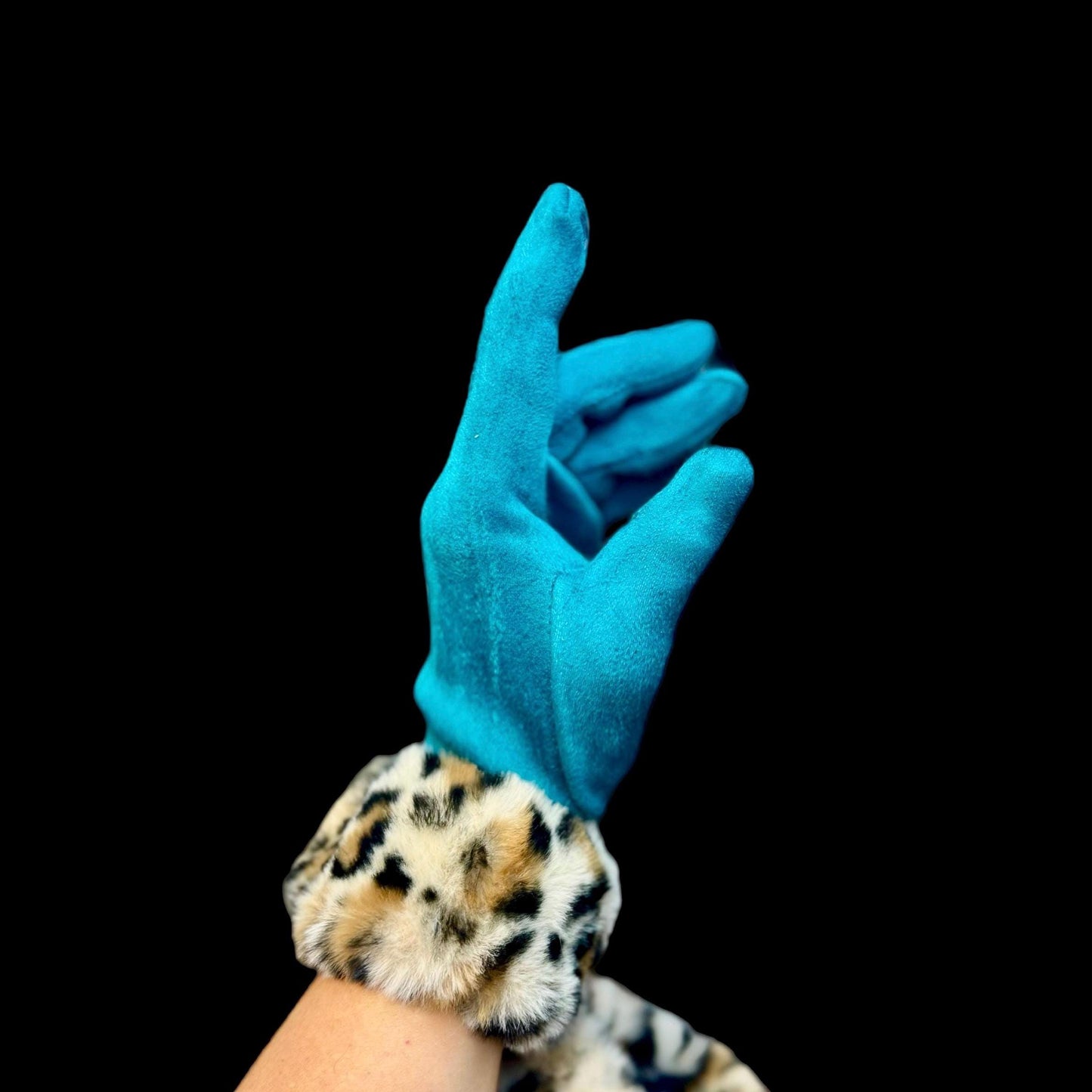 Bright Teal Blue Faux Suede Glove with Faux Leopard Fur,Ideal for chilly Winter,Great Gifts for Her Birthday,Moms,Wife or Christmas