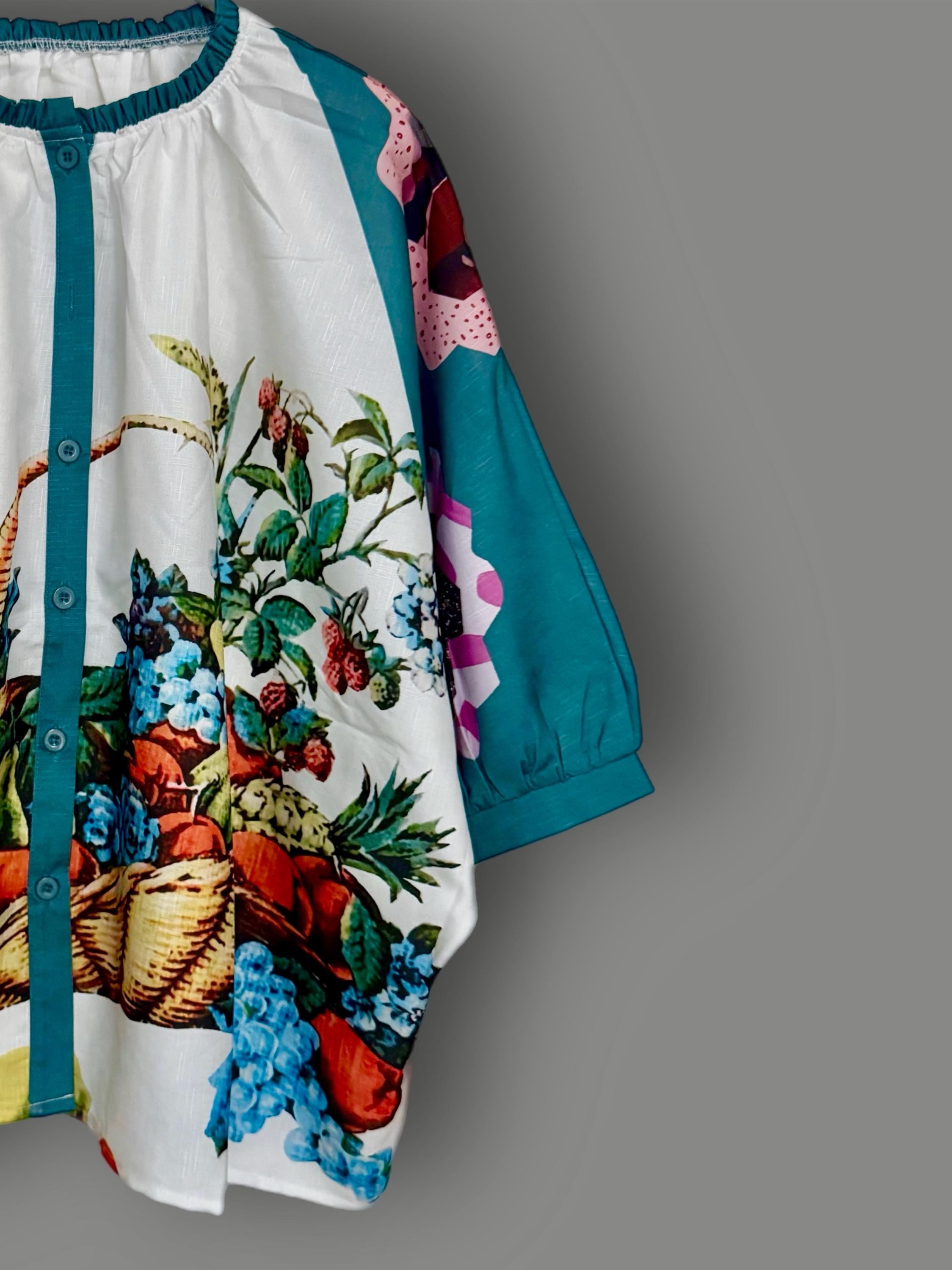 Retro Fruit Print Women Blouse,Vintage-Inspired Puff Sleeve Button Down,Summer Top for Women,Cute Gift for Her Birthday