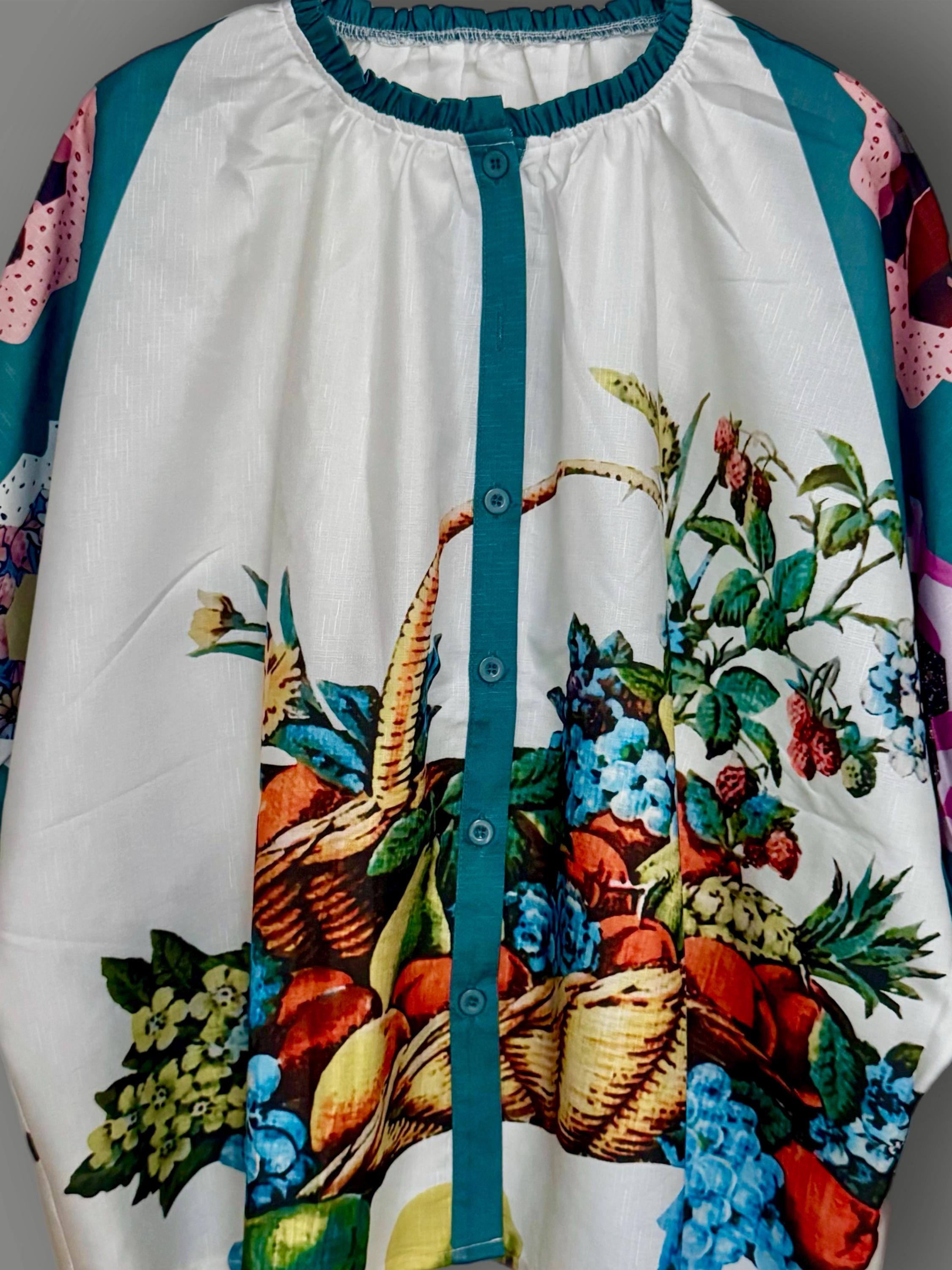 Retro Fruit Print Women Blouse,Vintage-Inspired Puff Sleeve Button Down,Summer Top for Women,Cute Gift for Her Birthday