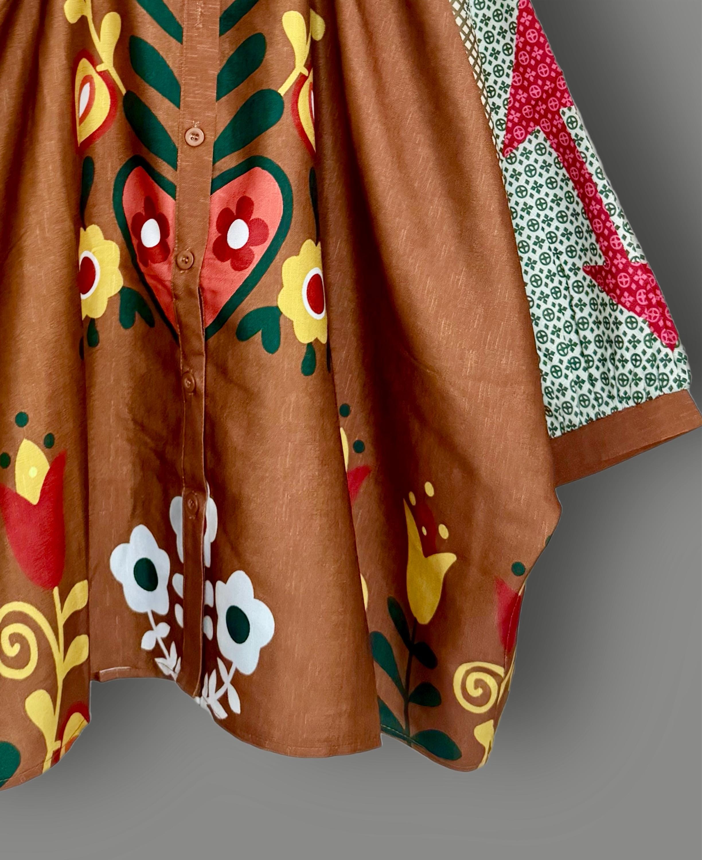 Boho Brown Floral Women Blouse with Puff Sleeves,Button-Down Shirt,Ideal for Summer, Gift for Her, Birthday or Vacation Outfit.