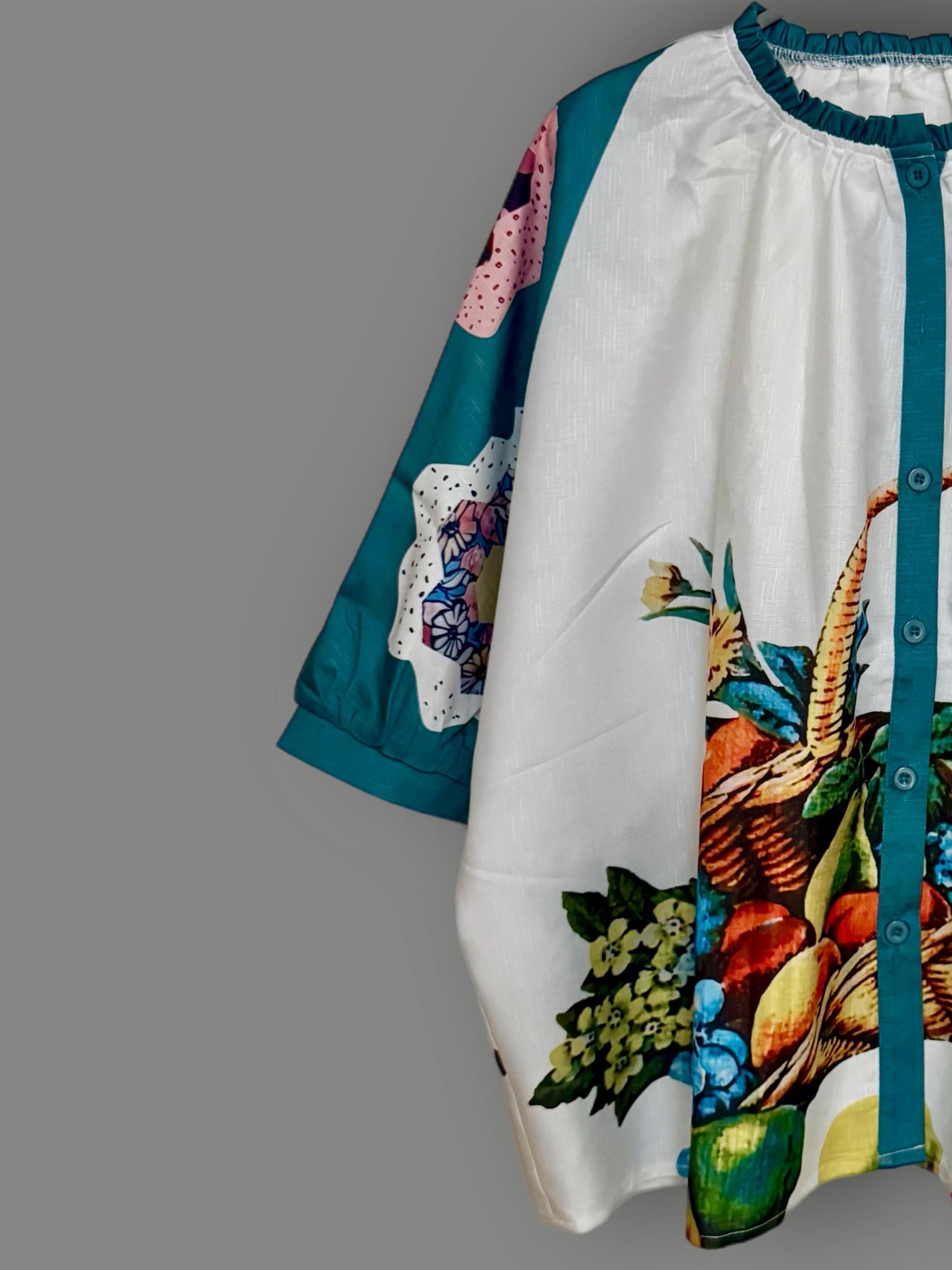 Retro Fruit Print Women Blouse,Vintage-Inspired Puff Sleeve Button Down,Summer Top for Women,Cute Gift for Her Birthday