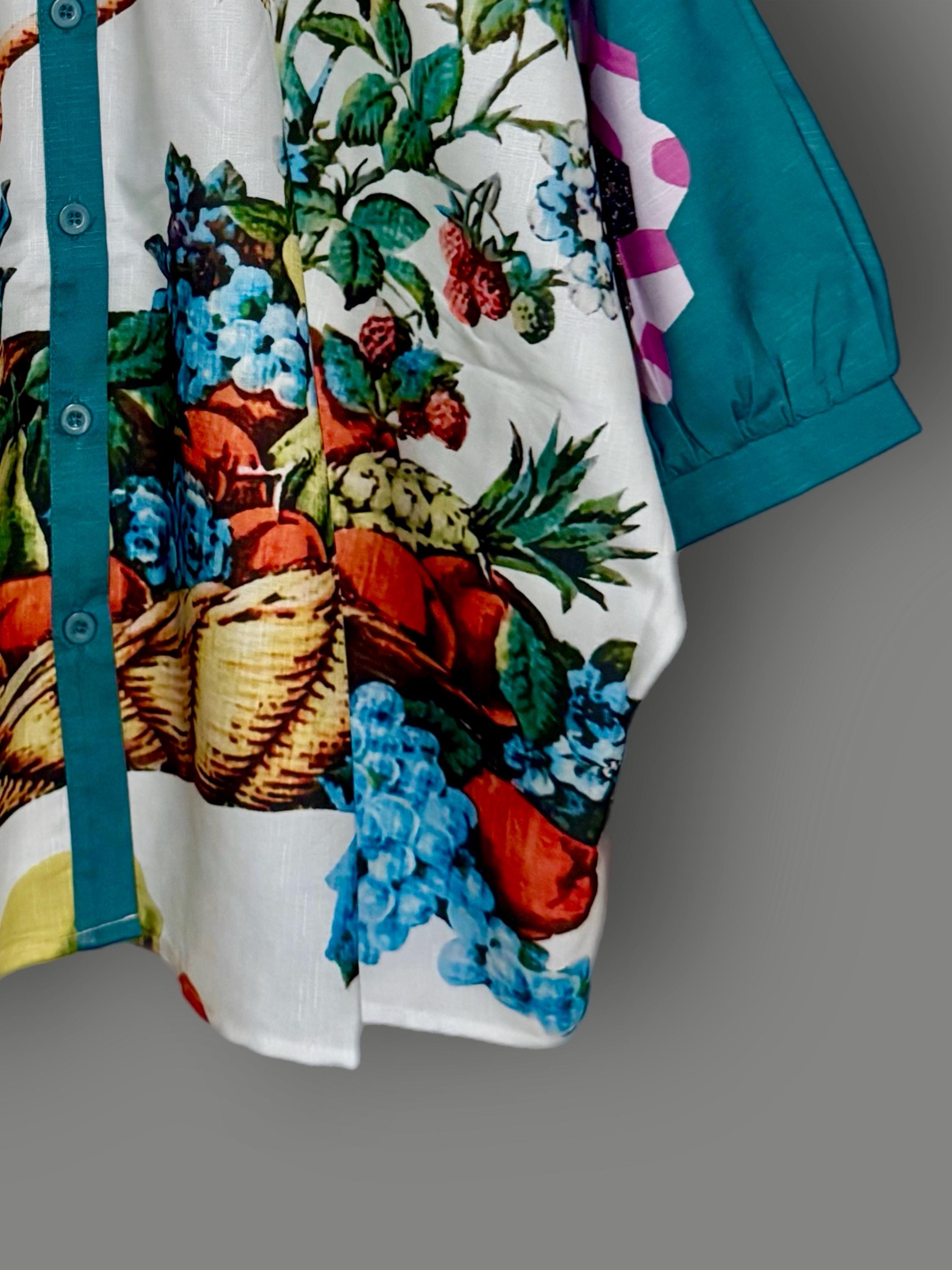 Retro Fruit Print Women Blouse,Vintage-Inspired Puff Sleeve Button Down,Summer Top for Women,Cute Gift for Her Birthday