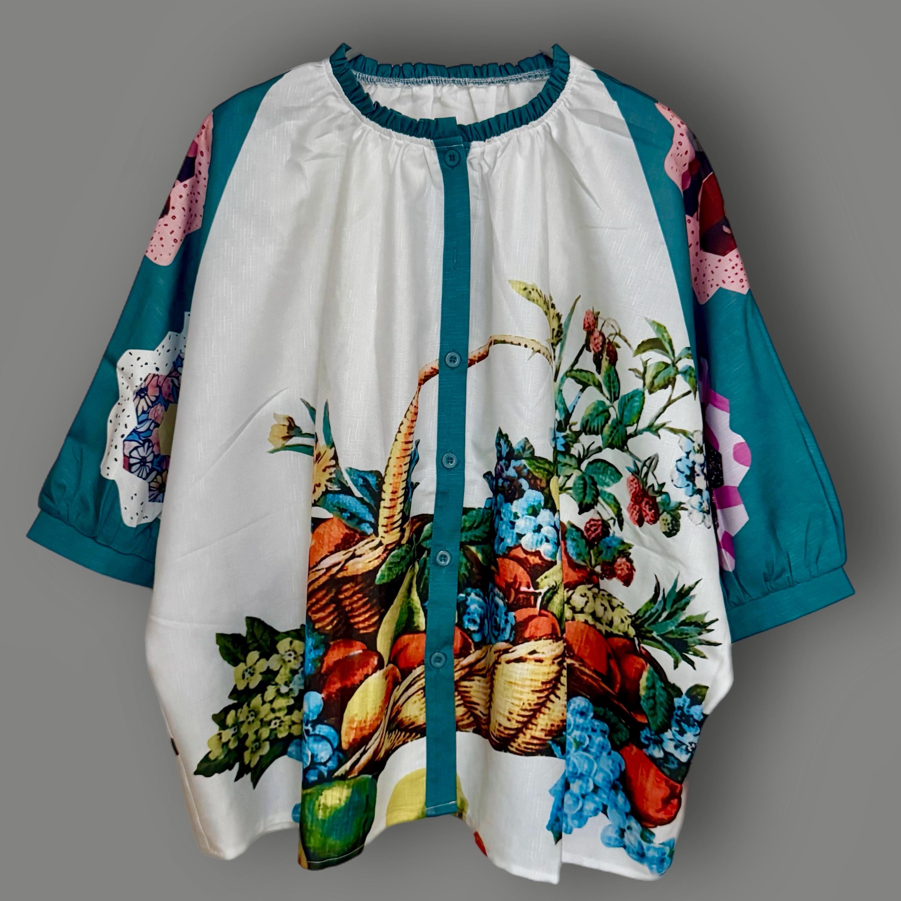 Retro Fruit Print Women Blouse,Vintage-Inspired Puff Sleeve Button Down,Summer Top for Women,Cute Gift for Her Birthday