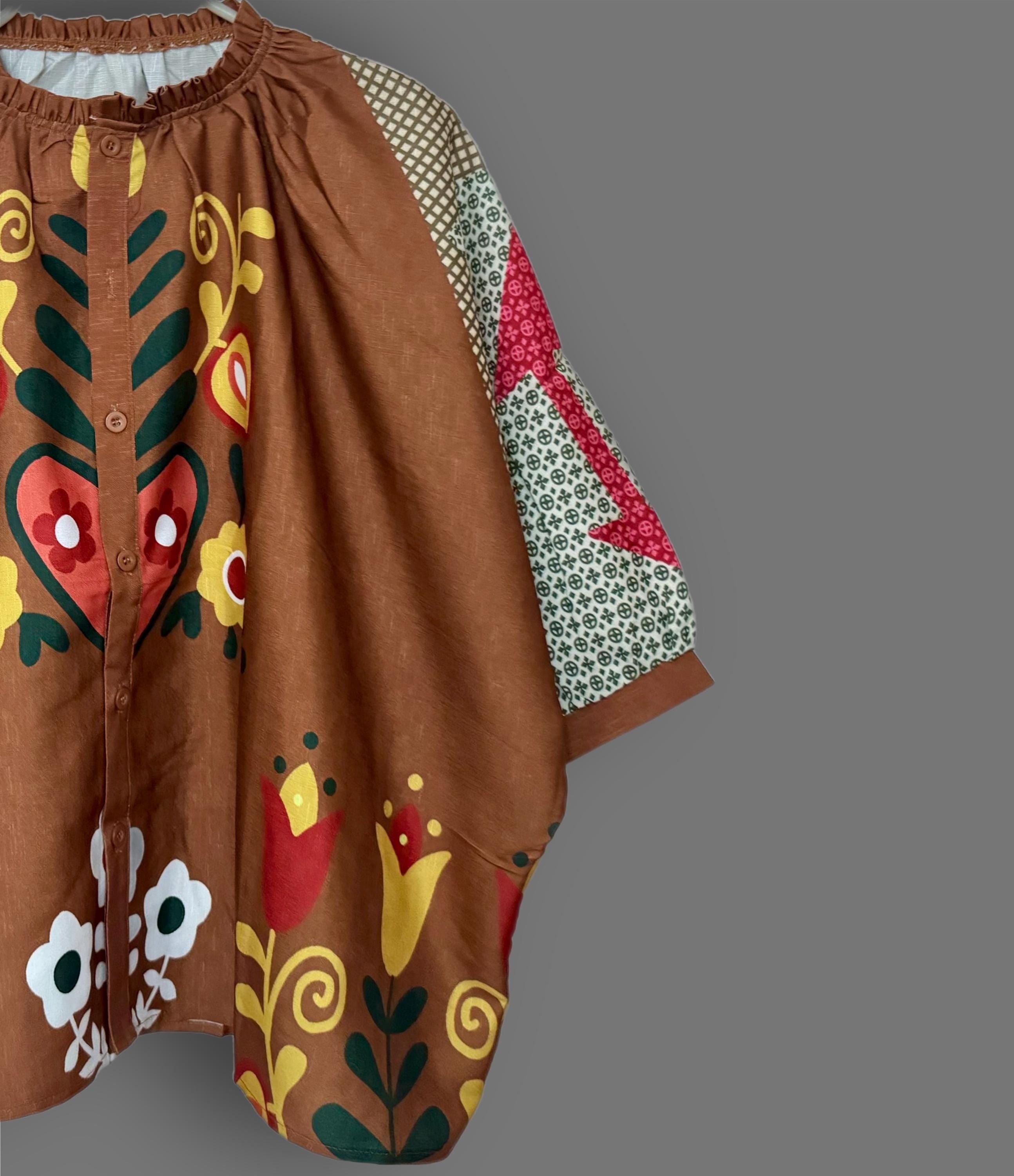 Boho Brown Floral Women Blouse with Puff Sleeves,Button-Down Shirt,Ideal for Summer, Gift for Her, Birthday or Vacation Outfit.