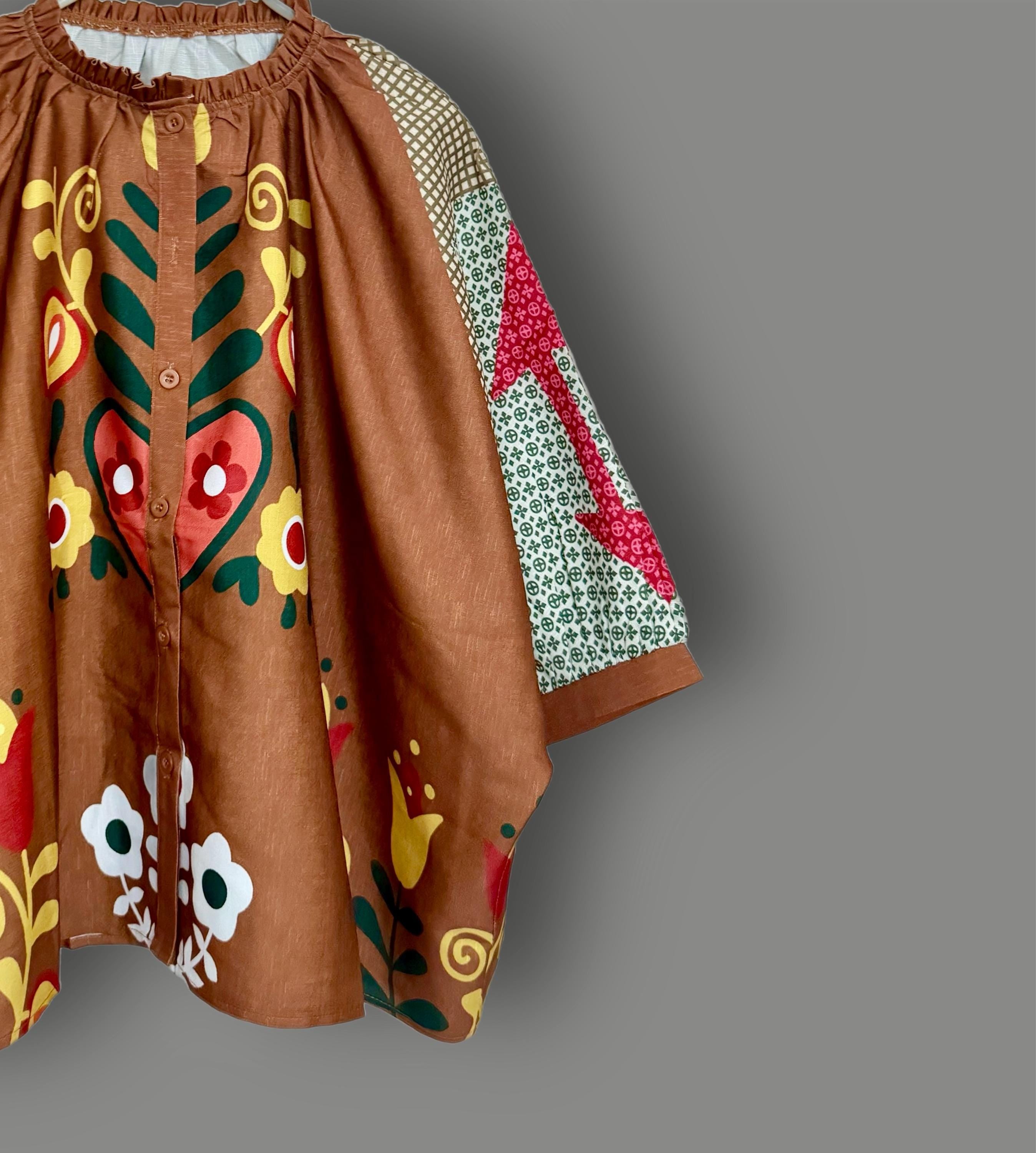 Boho Brown Floral Women Blouse with Puff Sleeves,Button-Down Shirt,Ideal for Summer, Gift for Her, Birthday or Vacation Outfit.