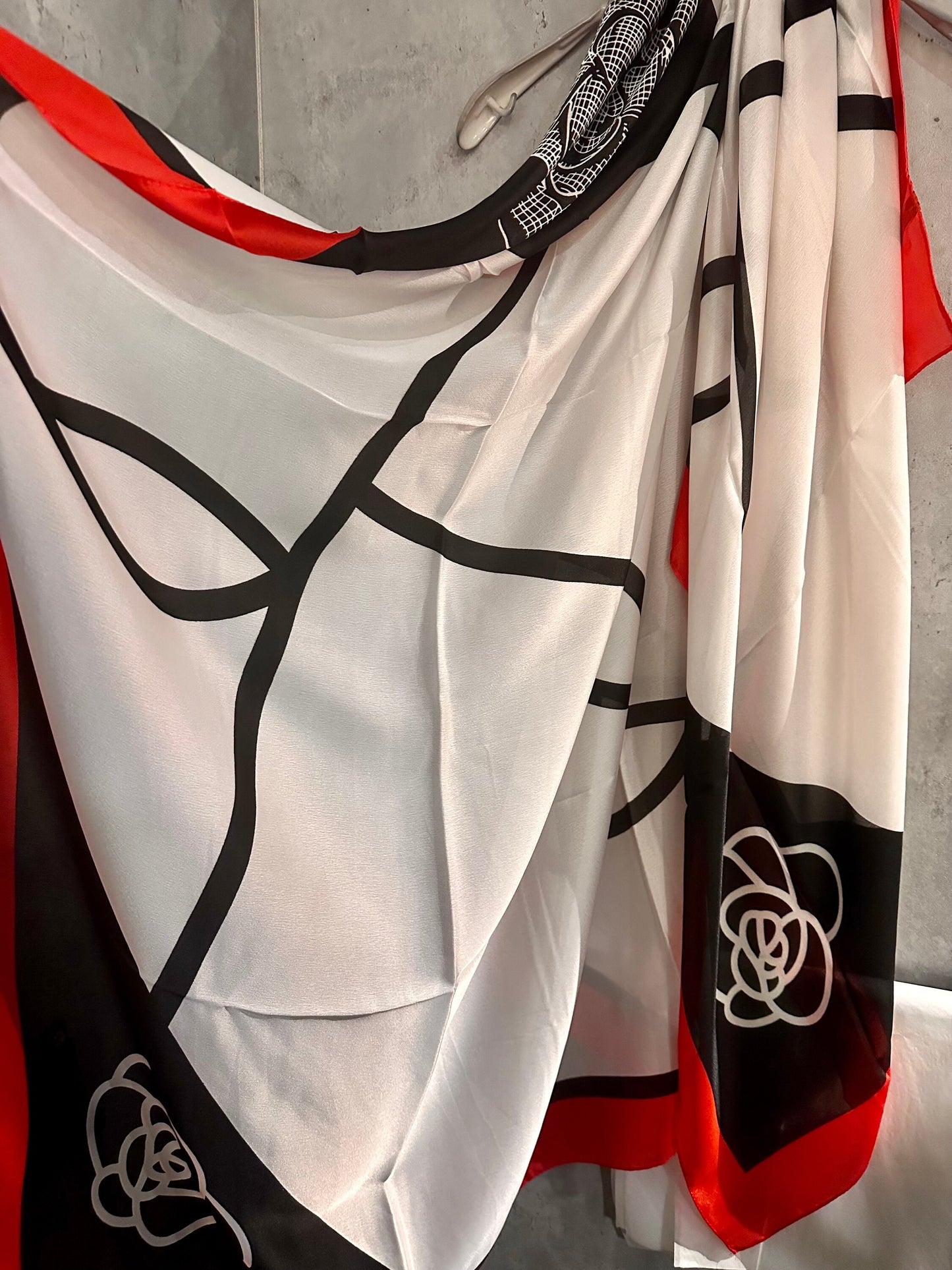 Camellia Flower With Red Trim White Silk Scarf/Spring Summer Autumn Scarf/Scarf Women/Gifts For Mother/Gifts For Birthday Christmas/UK Seller