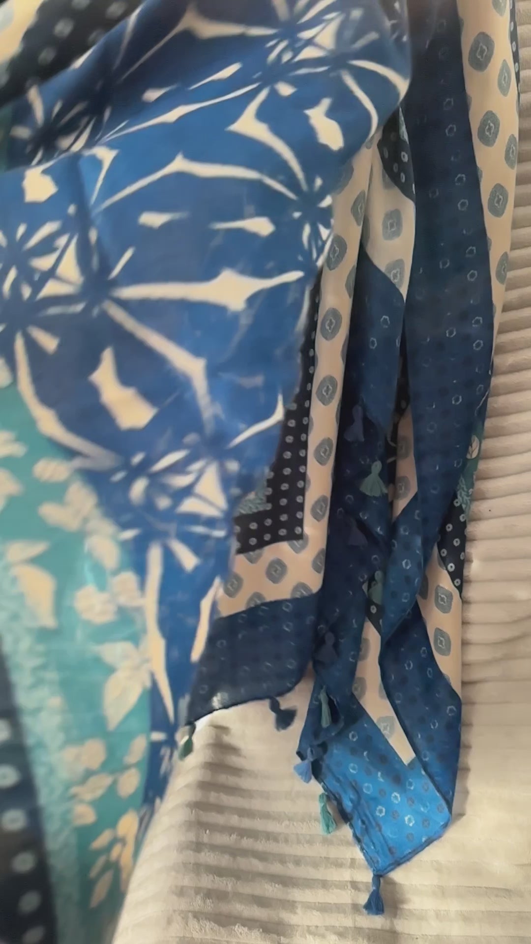 Bohemian Flowers Pattern with Tassels Blue Cotton Scarf