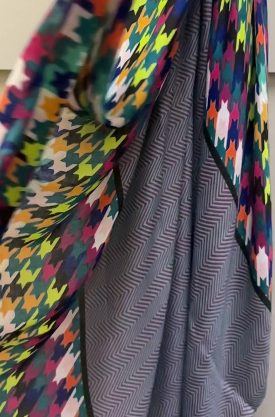 Blue Cotton Blend Scarf with Eco-Friendly Multicolour Houndstooth Pattern
