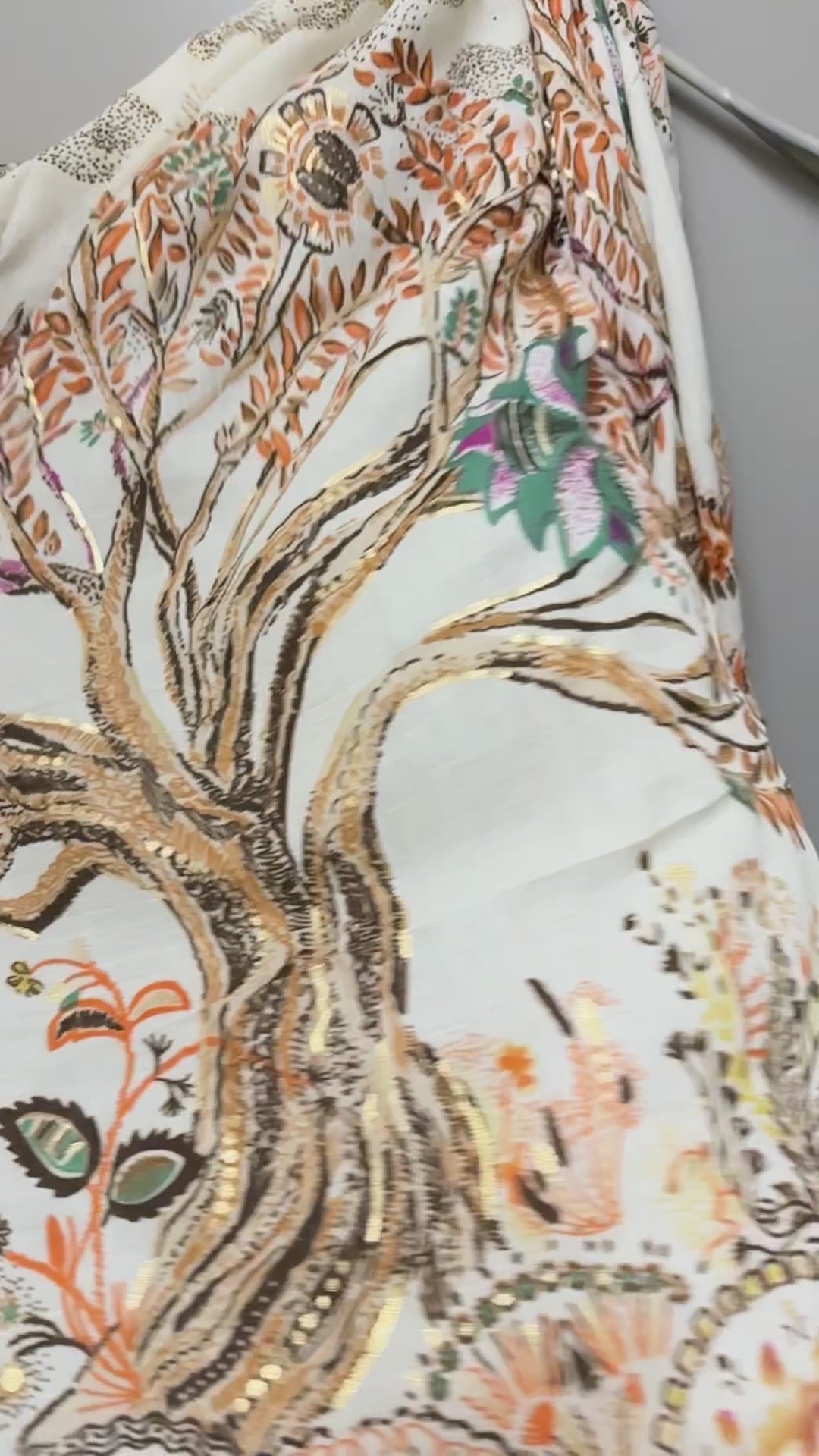 Off-White Sketch Tree Scarf with Brown Trim