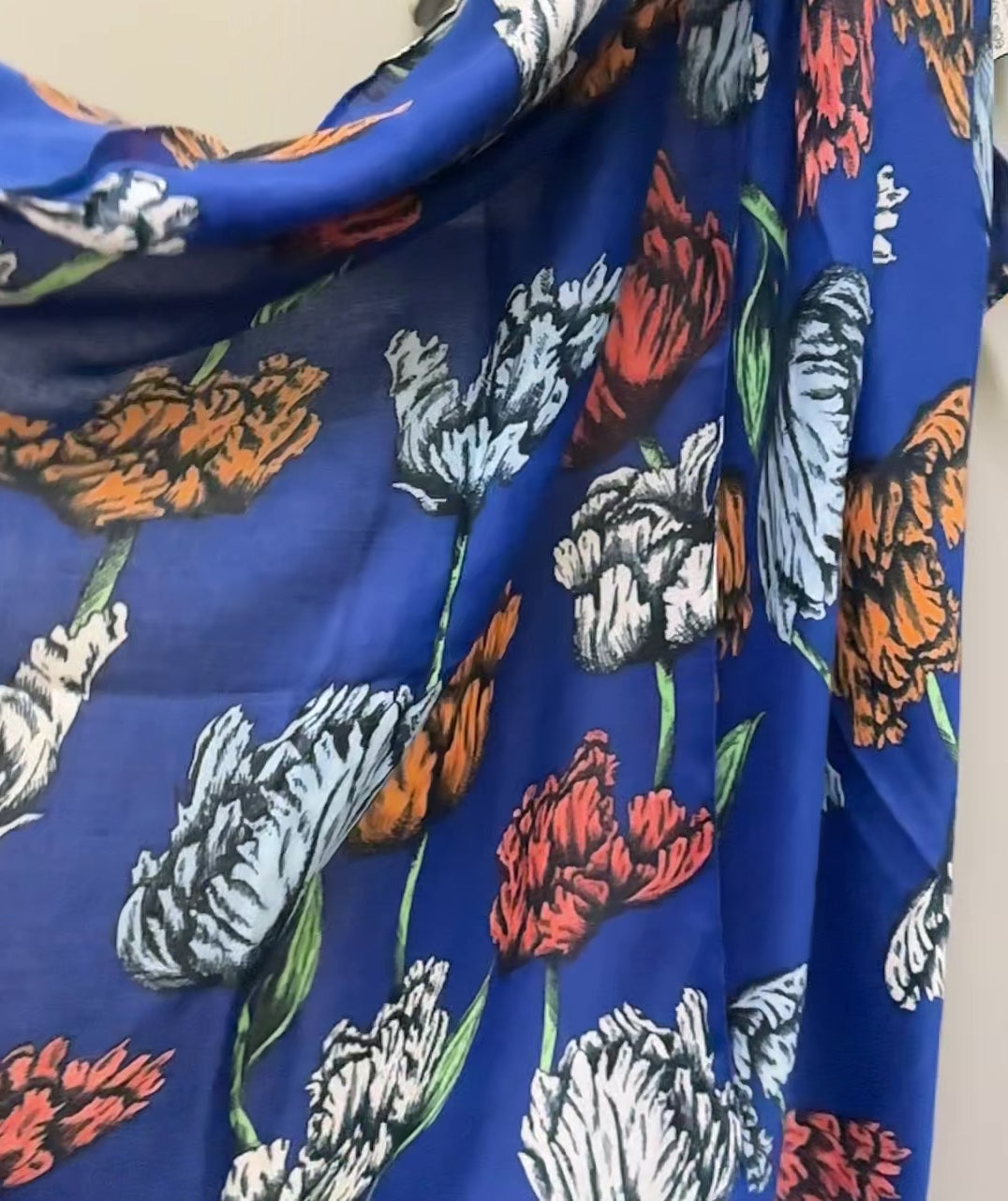 Blue Cotton Scarf with Eco-Friendly Sketched Parrot Tulips Flower Design