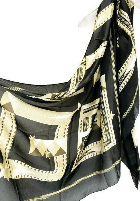 Zipper Design Square Pattern Black Beige Silk Scarf/Spring Summer Scarf/Autumn Scarf/Gifts For Her/Gifts For Mother/Women Scarves/Accessorie
