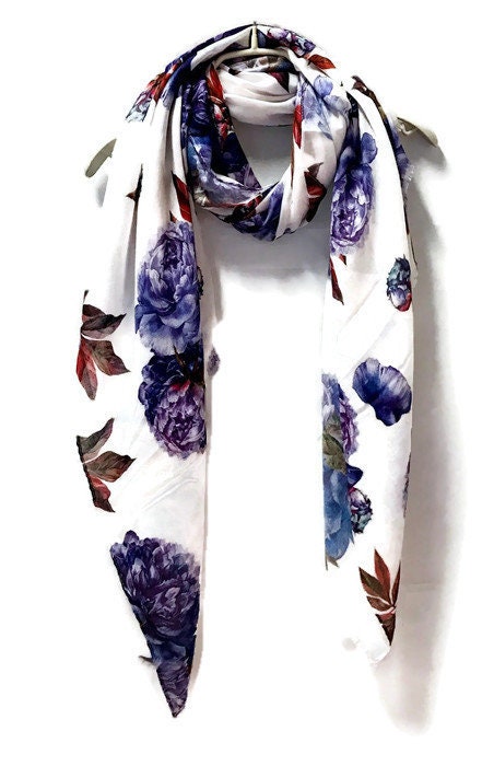 Blue Peony Flower In White Cashmere Blend Scarf,Summer Autumn Winter Scarf