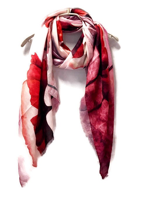 Watercolour Huge Red Poppy Pink Cashmere Blend Scarf/Spring Summer Autumn Scarf/Gifts For Mother/Gifts For Her/Scarf For Women/Birthday Gift