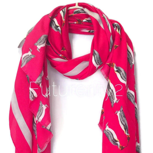 Penguins With Grey Trim Bright Pink Cotton Scarf/Autumn Spring Summer Scarf/Scarves For Women/Gifts For Her/Gifts For Mom