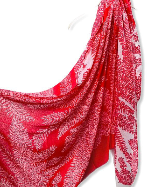 Two Toned Fern leafs Print Red White Cotton Scarf
