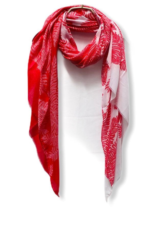 Two Toned Fern leafs Print Pink White Cotton Scarf