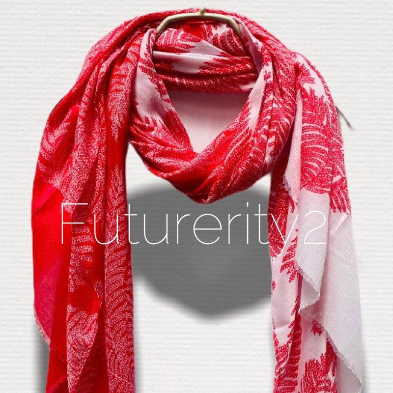 Two Toned Fern leafs Print Pink White Cotton Scarf