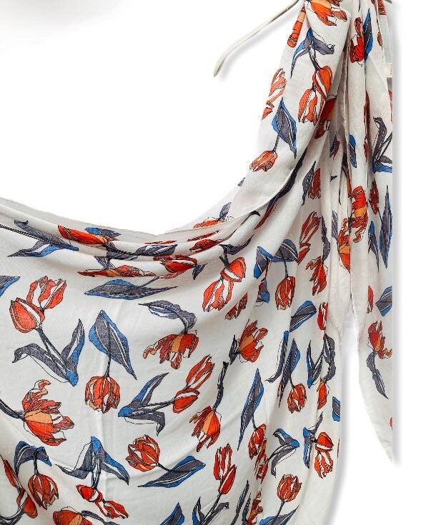 Sketched Tulips Flower White Cotton Scarf