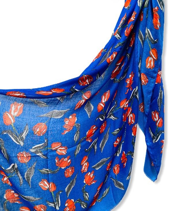 Sketched Tulips Flower Blue Cotton Scarf