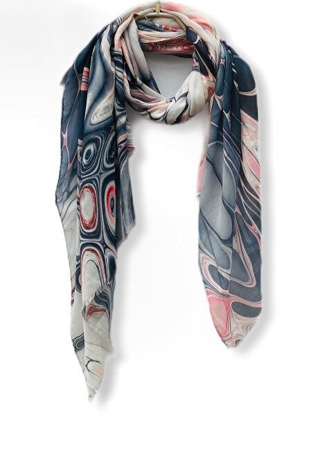 Abstract Liquid Pattern Pink Grey Cashmere Blend Scarf
