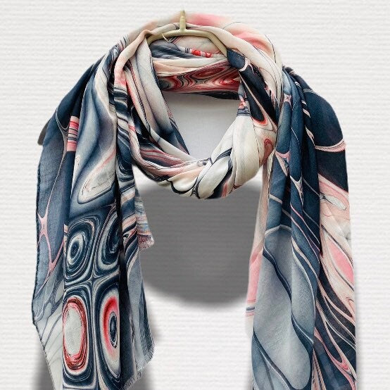 Abstract Liquid Pattern Pink Grey Cashmere Blend Scarf