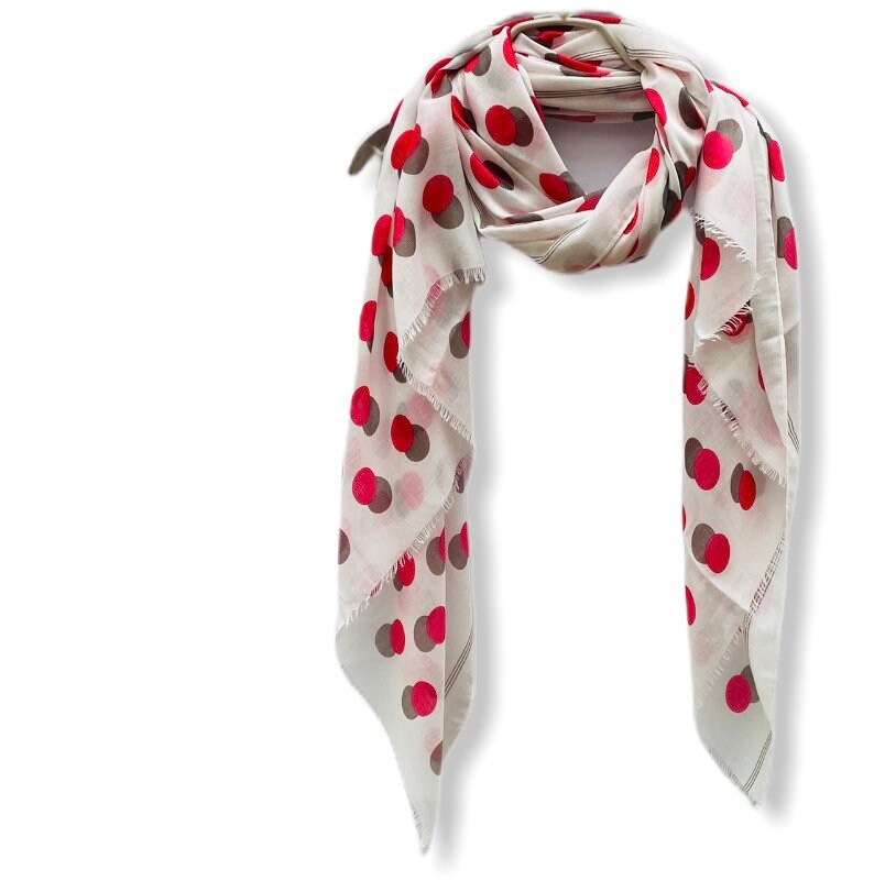 Pink Polka Dots With Shadow White Cotton Scarf/Spring Summer Scarf/Gifts For Her/Scarves Women/Gifts For Mom/Birthday Gifts/Christmas Gifts