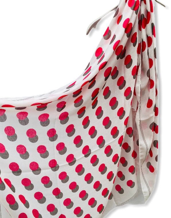 Pink Polka Dots With Shadow White Cotton Scarf/Spring Summer Scarf/Gifts For Her/Scarves Women/Gifts For Mom/Birthday Gifts/Christmas Gifts