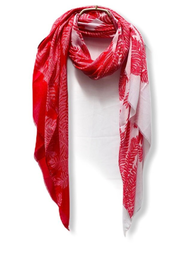 Two Toned Fern leafs Print Red White Cotton Scarf