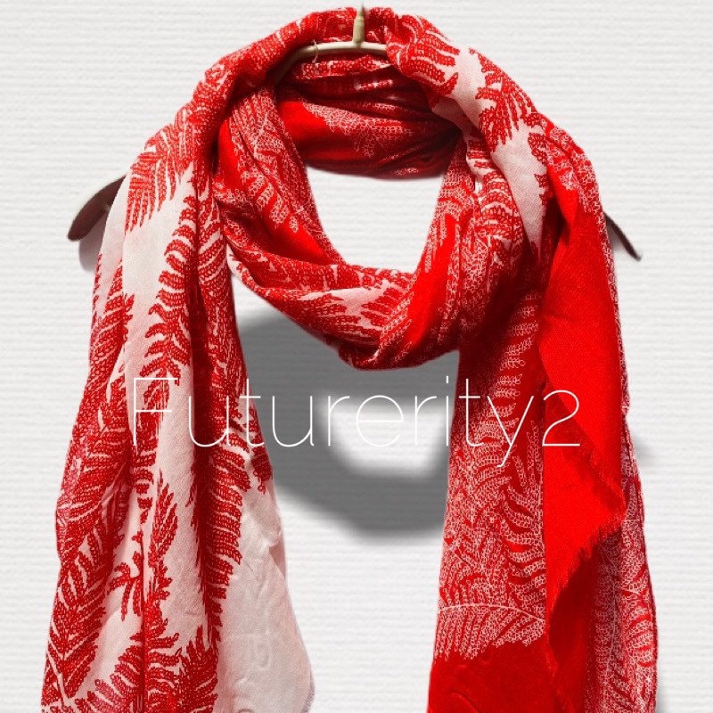 Two Toned Fern leafs Print Red White Cotton Scarf