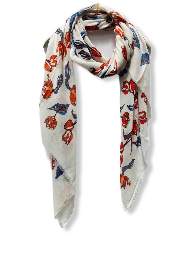 Sketched Tulips Flower White Cotton Scarf