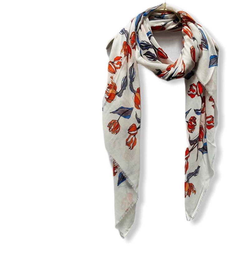 Sketched Tulips Flower White Cotton Scarf