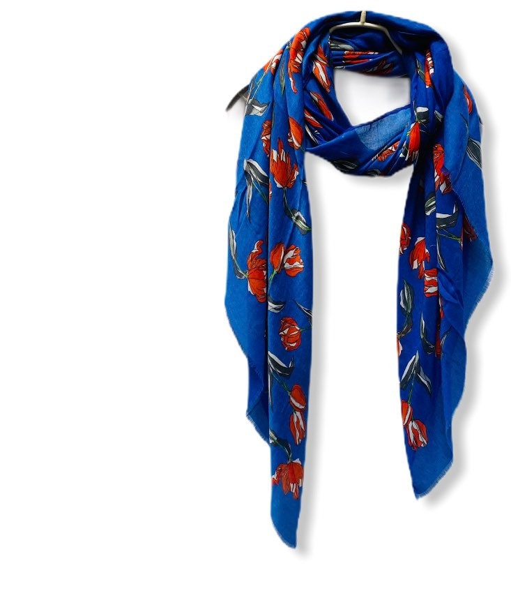 Sketched Tulips Flower Blue Cotton Scarf