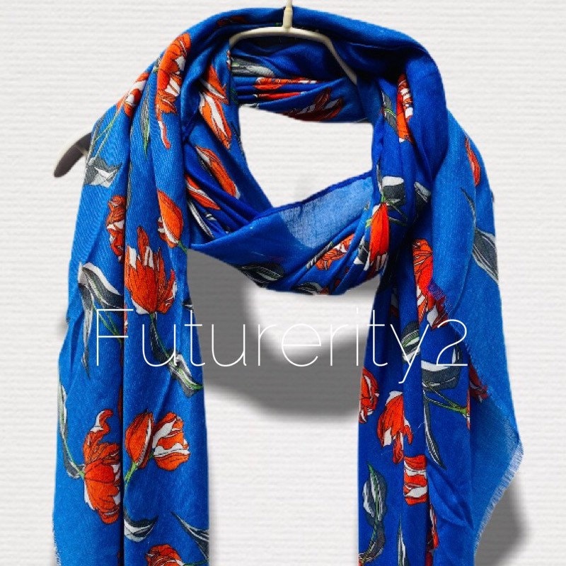 Sketched Tulips Flower Blue Cotton Scarf