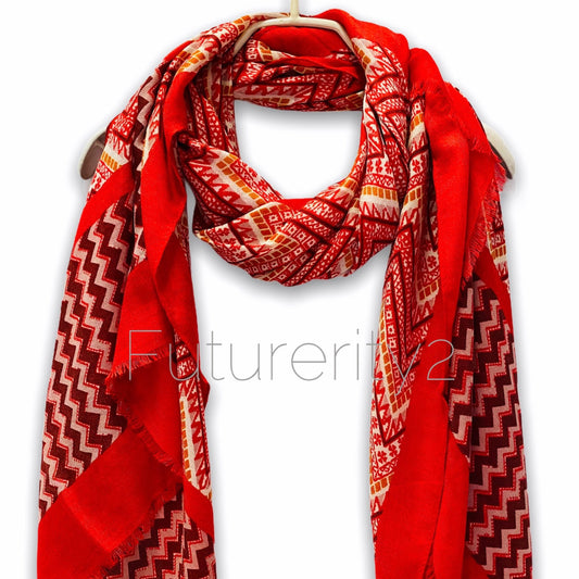 Bohemian Inspired Zigzag Pattern In Red Cotton Blend Scarf,Spring Summer Autumn Scarf
