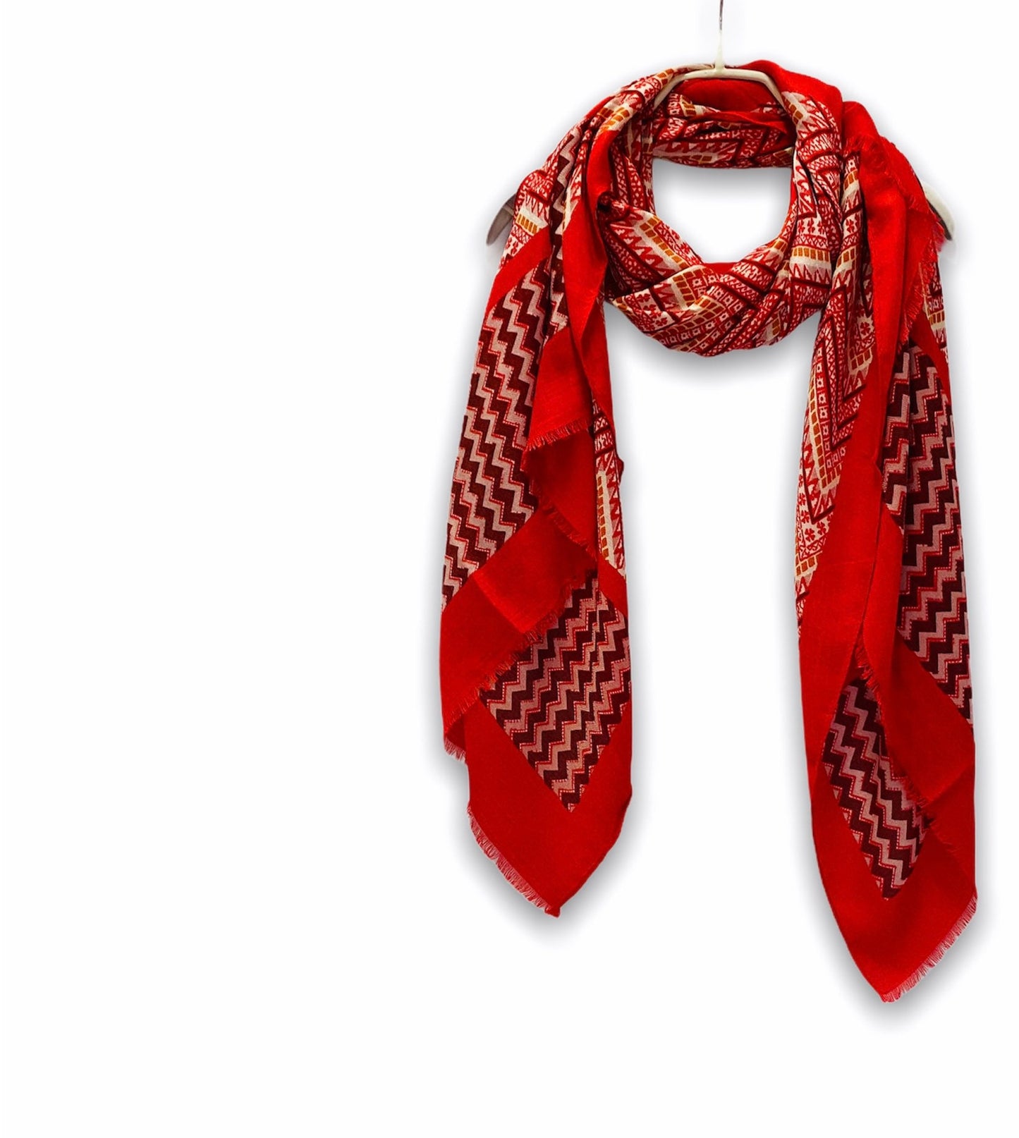 Bohemian Inspired Zigzag Pattern In Red Cotton Blend Scarf,Spring Summer Autumn Scarf