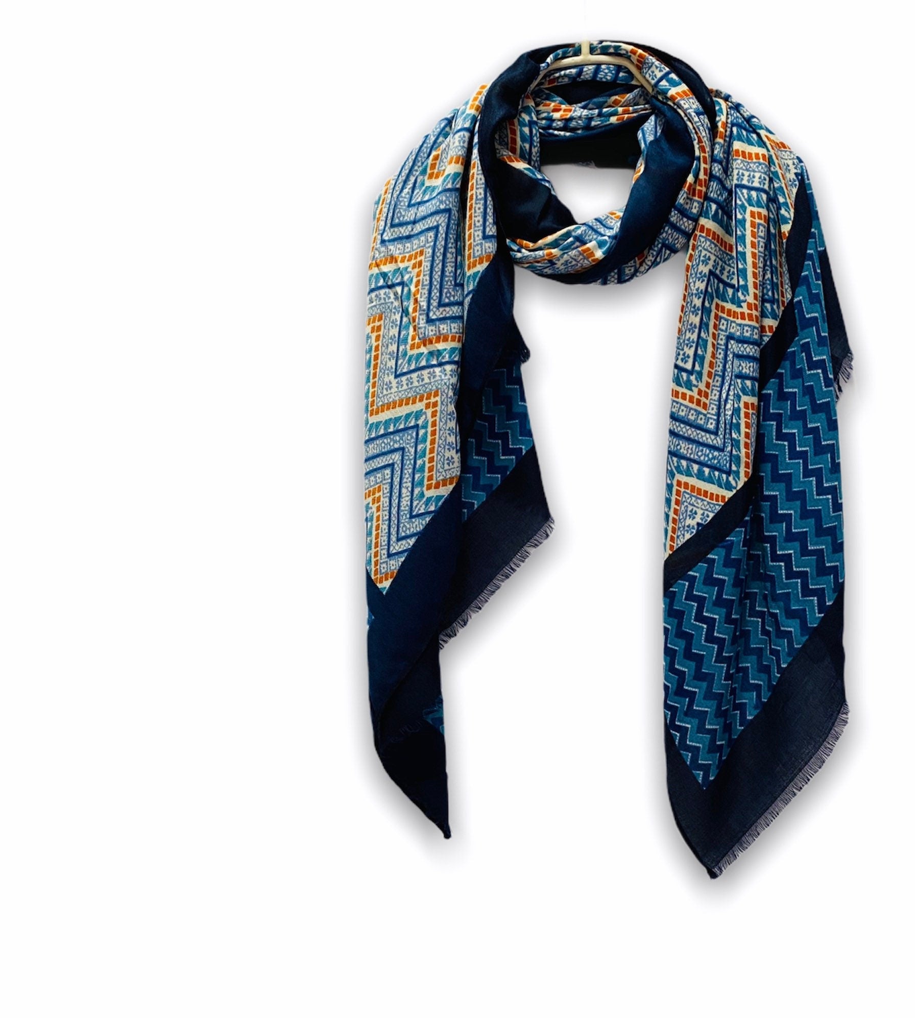 Bohemian Inspired Zigzag Pattern In Blue Cotton Blend Scarf