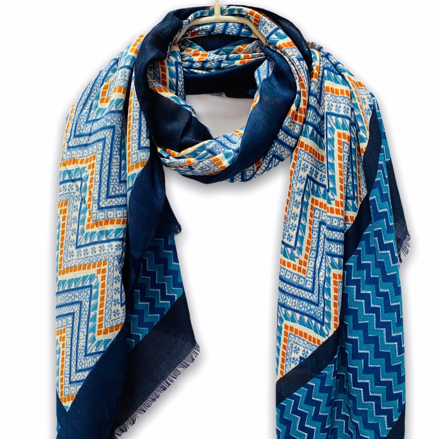 Bohemian Inspired Zigzag Pattern In Blue Cotton Blend Scarf